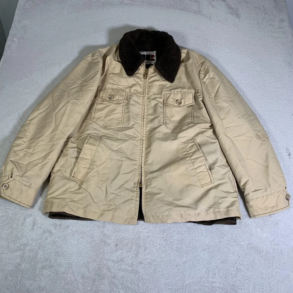 Vintage William Barry Coat Mens 44 Beige Canvas Faux Fur Lined Parka 70s USA